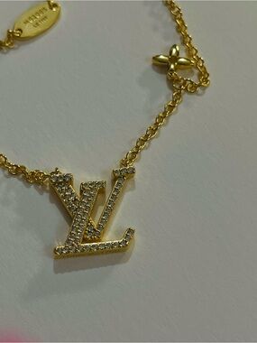 Louis Vuitton Gold-tone Crystal-Embellished LV Pendant Necklace